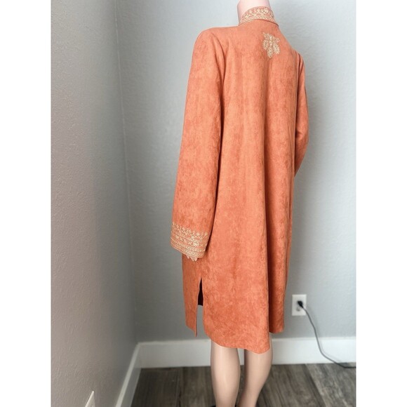 Soft Surroundings Faux Suede Orange Duster Coat Jacket Cardigan Embroidered Sz L - Picture 7 of 11
